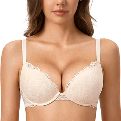 Image of DOBREVA Women&#039;s Push Up Lace Bra Sexy Plunge Padded Underwire Support Bras Lift Rose White 38C