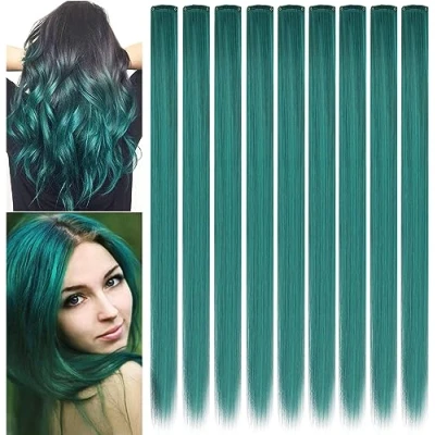 Image of ZHAOWWEI 9PCS Princess Green Hair Extensions Multi Colors Party Highlights Streak Synthetic Hairpieces Clip In/Clip On Colored (Dark teal)