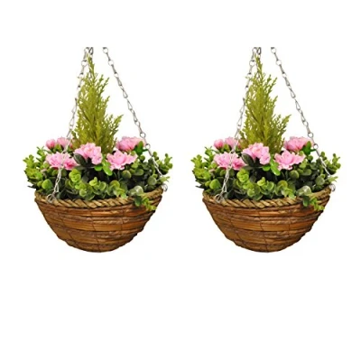 Image of Selections Pack of 2 Artificial Azalea Topiary Garden Hanging Baskets (25 Centimeter)