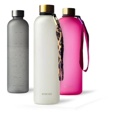 Image of MAMEIDO 1l water Bottle Motivational Time Markings, BPA free, Leak Proof, Tritan Co Polyester Plastic, 1 litre bottle, Sports (Ivory Beige Gold, 1000ml)