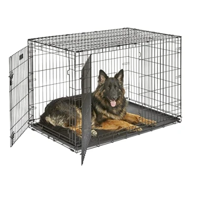 Image of MidWest Homes for Pets Newly Enhanced Double Door iCrate 121.92 cm (48 Inch) Long Dog Crate, Includes Leak Proof Pan, Floor Protecting Feet, Divider Panel &amp; New Patented Features, Black, Model 1542DDU