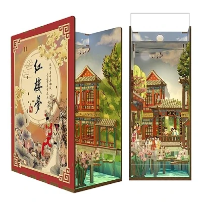 Image of Tonecheer DIY Book Nook Kit 3D Wooden Puzzle for Adults, Miniature House with Dust Cover Booknook Bookshelf Insert Decor LED Lights Unique Christmas Gifts(Dream of Red Mansions)