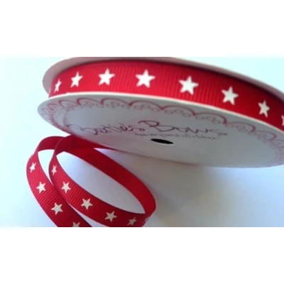 Image of Bertie&#039;s Bows Ivory Star Print 9mm Red Grosgrain Ribbon on 25m Roll