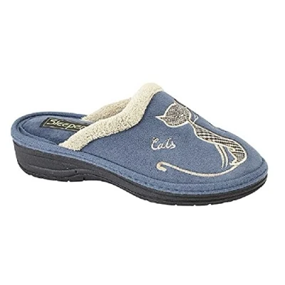 Image of Sleepers WOMENS MULE SLIPPERS CAT MOTIF OUTDOOR SOLE SIZE 3 8 BLUE (5)