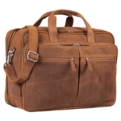 Image of STILORD &#039;Gigantus&#039; XXL Briefcase Leather Laptop Bag 17.3 inch to 19 Geuine Cowhide Leather, Colour:tan Dark Brown