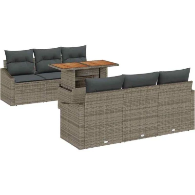 Image of vidaXL 7 Piece Garden Dining Set with Cushions Grey Poly Rattan Acacia