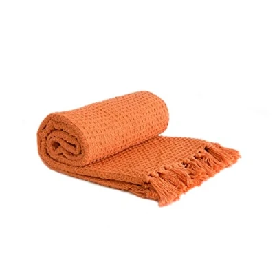 Image of Emma Barclay Honeycomb Recycled Cotton Plain Waffle Textured Chair Sofa Setee Throw Over Blanket in Orange 90x100 (228x254cm)