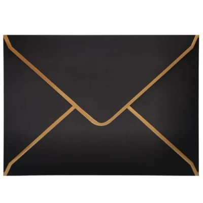 Image of Pack of 50 Invitation Envelopes A7, Black Luxury 18.5 x 13.5 cm Miniature 5 7 Inch with V Flap Gold Foil Edge for Weddings, Invitations, Party, Greeting Cards