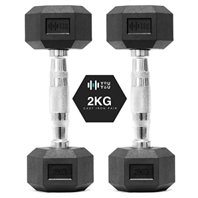 Image of You vs Hex Dumbbells Weights Pair for Home Exercise 2kg Set of 2 Hexagonal Weight Rubber Encased Fitness Gym Workouts Training Muscle Building &amp; Conditioning Unisex Strength