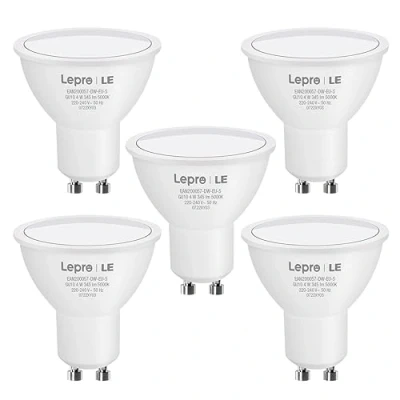 Image of Lepro GU10 LED Bulbs, Cool White 5000K, 4W 345lm Energy Saving Light 50W Halogen Spotlight Equivalent, 100 Beam Angle, Daylight White, AC 220V 240V, Non dimmable, Pack of 5