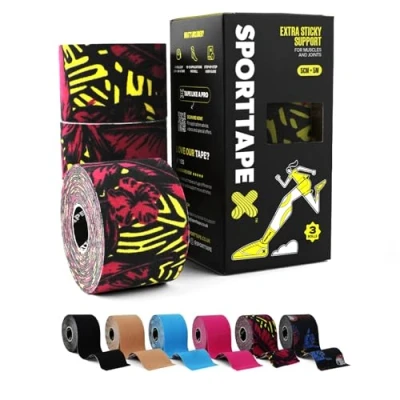 Image of 3 Rolls SPORTTAPE Kinesiology Tape Multipack 5m Roll Wild Sports Strapping for Muscle Injury K Knee, Ankle, Plantar Fasciitis Support Physio Tape, Hypoallergenic Kinetic