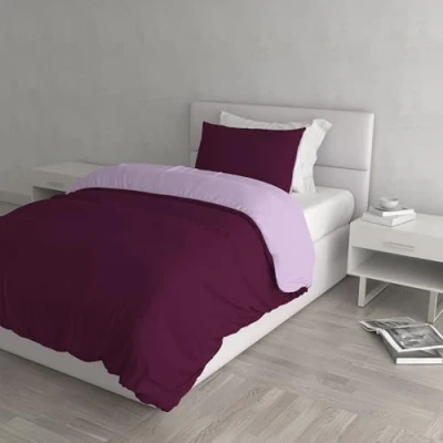 Image of Italian Bed Linen Natural Color Duvet Cover Set with Doubleface Solid Colour Bag Sheet and Pillowcase, 100% Cotton, lillac/Plum, single