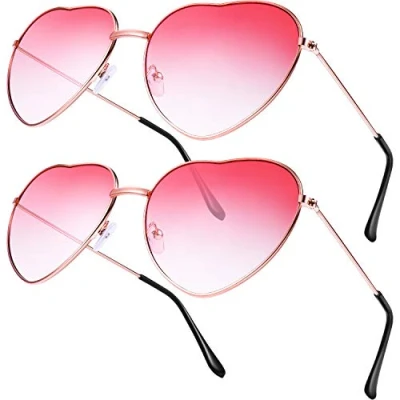 Image of Boao 2 Pairs Hippy Specs Glasses Heart Shaped Sunglasses for Hippie Fancy Dress Accessory, Rose Gold Frame (Gradient Red Lens)