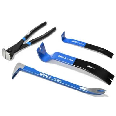 Image of SHALL 4 Piece Pry Bar Set, 12 Inch(30.48cm) Cats Paw Nail Puller, 10 Inch(25.4cm) &amp; 7.5 Inch(19cm) Flat Claw Bars, 8 Inch End Cutting Pliers, Remover Tool for Baseboard, Floor, Nails Removal