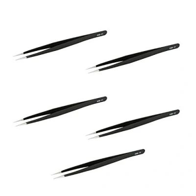 Image of Aoje Link ESD 11 Professional Anti Static Precision Technology Tweezers, Non Magnetic Fine Tip Straight, Stainless Steel Plastic Coated, Full Length 142mm, Black, 5pcs