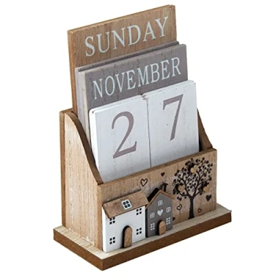 Image of SiL Interiors Wooden Perpetual Calendar Desktop Eternal Blocks House Tree Design