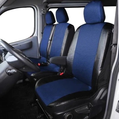 Image of TOYOUN Van Seat Covers Universal Fit Most Vans Trucks Lorry Front Single &amp; Double Car Set Faux Leather Cloth Air bag Compatible Protector, Blue