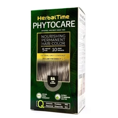 Image of Herbal Time Phytocare Permanent Hair Dye Color Ash Blonde 8A Professional Natural Kit Nourish and Protect Your Ammonia, PPD SLS Free 124.5 ml