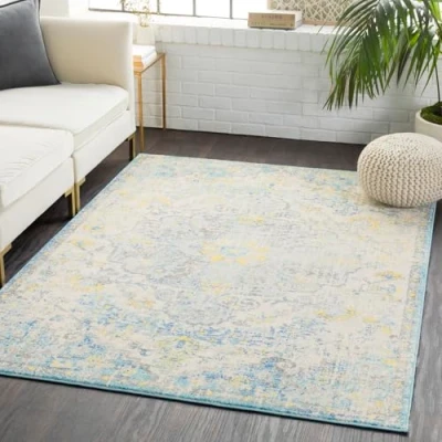 Image of Livabliss Asmara Vintage Rug Area Rugs Living Room 200x275 cm, Dining Floor, Kitchen, Traditional Multicoloured Boho Rug, Easy Care Pile, Bohemian Large Blue and Mustard