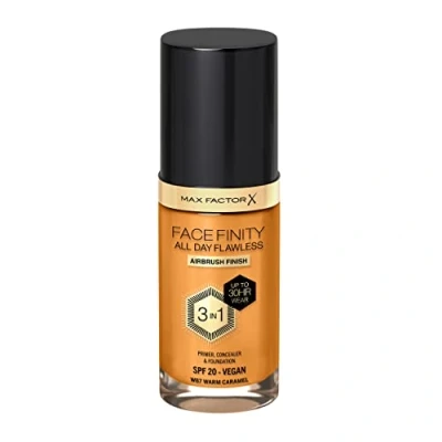 Image of Max Factor Facefinity All Day Flawless 3 in 1 Liquid Foundation, Lightweight Oil Free Formula with SPF 20, 087 Warm Caramel, 30 ml