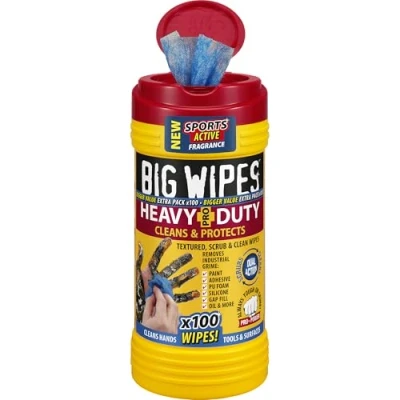 Image of Big Wipes Heavy Duty Pro+ in Dispenser Tub (x100) Textured Dual Sided Hand with Skincare Cleans Hands, Tools &amp; Surfaces. Industrial Cleaning Products for Tradespeople
