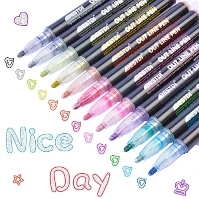 Image of Hiyouer Double Line Outline Pens 12 Colours Shimmer Metallic Markers Glitter for Painting DIY Art Craft Scrap Posters Doodle Dazzle Writing Drawing Pen Birthday Greeting Festival Gift Card