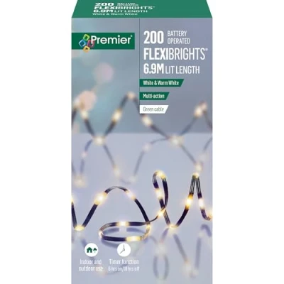 Image of Premier 200 Battery Operated Fairy String Lights Flexibrights 6.9m Lit Length White &amp; Warm White, Multi Action, Suitable for Indoor Outdoor Usage
