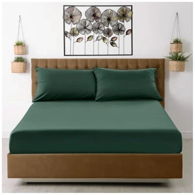 Image of Fitted Sheet Single Bed (91 x 193cm) Dark Green Bedding Sheets Plain Dyed Microfiber (10 inch) 25cm Deep Pocket Bottom Easycare Wrinkle &amp; Fade Resistant