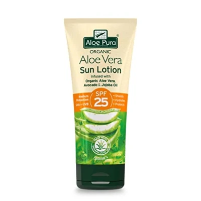 Image of Aloe Pura, Organic Vera Sun Lotion SPF 25, Natural, Vegetarian, Cruelty Free, Paraben &amp; SLS Long Lasting Shield, Medium Protection, 200ml
