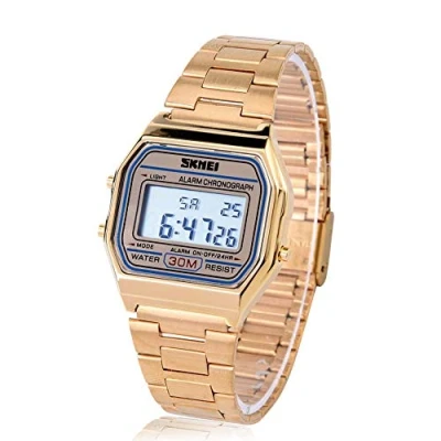 Image of Electronic Watch 3Colors Digital LED Back Light Rectangle Wristwatch with Stainless Steel Strap (Gold)