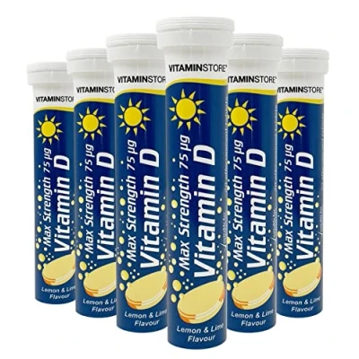 Image of Vitamin Store D Effervescent Tablets, Max Strength 75ug, Lemon &amp; Lime Flavoured, Suitable for Vegetarians, 6 Packs of 20 Tablets