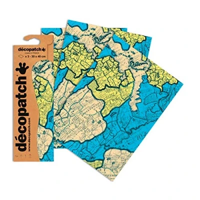 Image of Décopatch Ref C691O Vintage Atlas Pattern Paper Pack Each Sheet 30 x 40cm, of 3 Sheets Best Used With Décopach Glue &amp; Varnish, Blue Green