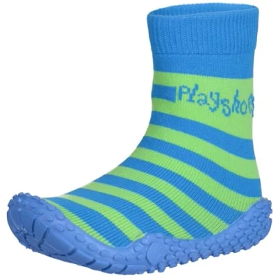 Image of Playshoes Unisex Child UV Protection Aqua Socks Stripes Bathing Beach Thong Sandals and Pool Shoes 174802 Blue/Green 2.5 UK (18/19 EU)