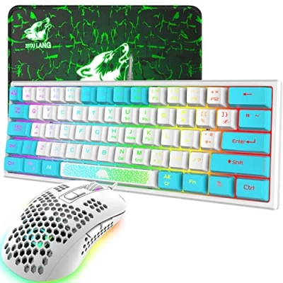 Image of K61 UK Layout RGB 60% Gaming Keyboard Mouse Set Wired 62 Keys Mini Portable 7 LED Backlit 19 key Anti ghosting + 2400 DPI Ultralight Honeycomb Shell +Mouse Pad White Mixed