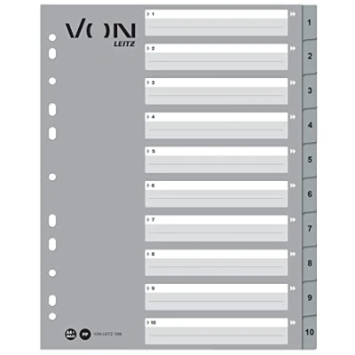 Image of Von Leitz 10 Pack of Number Indexes A4, 1 Numbered Dividers for Folders, Polypropylene, Leitz, Extra Wide, 11 Hole Universal Index Loose Leaf Folders and Ring Binders, Grey,