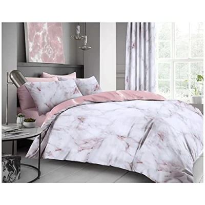 Image of GC GAVENO CAVAILIA Premium Quality Reversible Duvet Set, Soft &amp; Cosy Textured Printed Quilt Cover, Polycotton Bedding, Blush Pink Marble, King