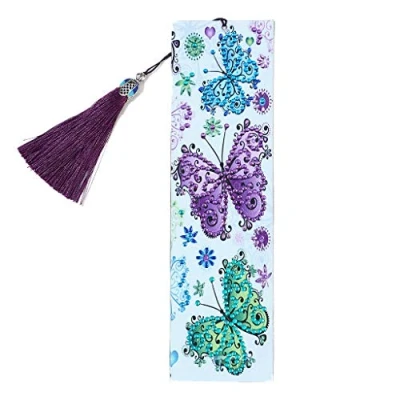 Image of Butterfly DIY Bookmarks 5D Diamond Art Painting, LEKUKY Full Special Shaped Drill Number Kit Cross Stitch Embroidery with Tassel Leather for Craft Home Decor Kids Adults