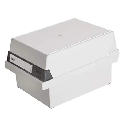Image of HAN 966 11, Card filing box A6 landscape. Innovative, attractive design holds 800 cards, readjustable lid supplied with large inscription label, light grey