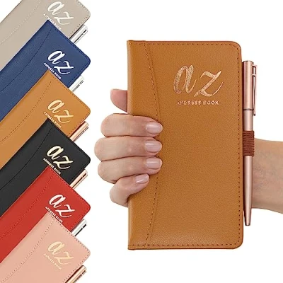 Image of Address Book A Z Tan Index Hard Back Cover Slim &amp; Pen Telephone Alphabetical Tabs (Tan)