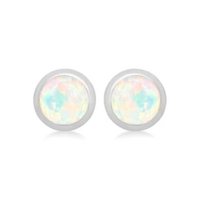 Image of Tuscany Silver Women&#039;s Sterling Stud Earrings White Cabochon Synthetic Opal October Birthstone 4mm