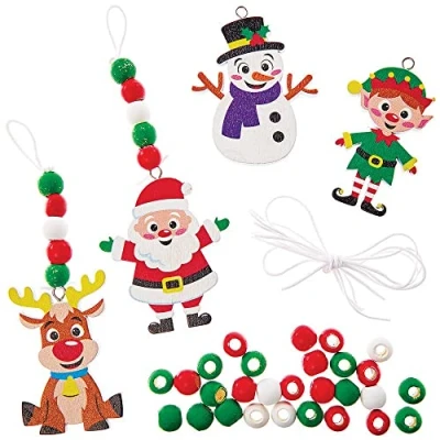Image of Baker Ross FX376 Christmas Wooden Bead Decoration Kits Pack of 4, Wood Craft Decorations for Kids Party, Arts and Crafts Kids, White