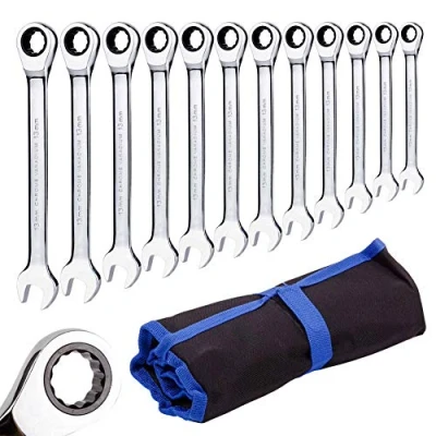 Image of Qnkaa Ratchet Spanner Set Combination Wrench 12 Piece Metric Sizes from 8mm to 19mm with Roll Bag, Perfect for Home, Bike, Car Repairs