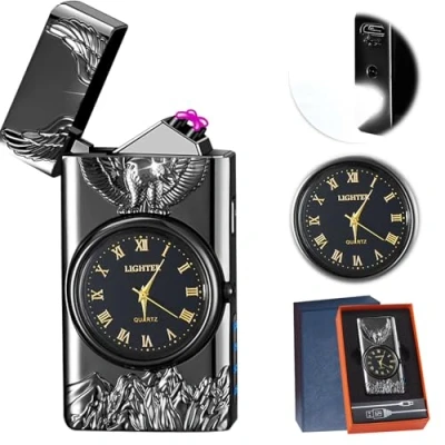 Image of USB Electronic Lighter, Plasma Electric Arc Lighter with LED Lighting Function and Clock, Windproof Battery Indicator, for Fireplace Candles Kitchen