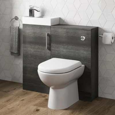 Image of AURORA® 900mm Combination Vanity Unit Furniture Set, Wash Basin Bathroom Sink, BTW Toilet Pan &amp; Soft Close Seat, Storage Cabinet, Reversible, Charcoal Grey