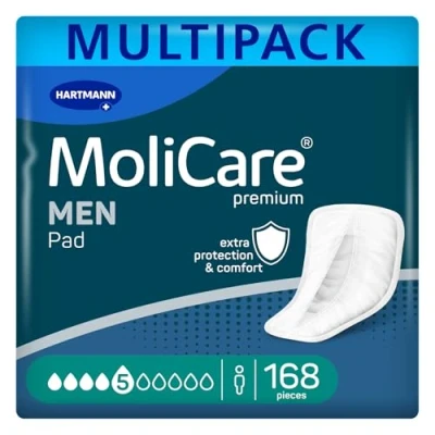Image of MoliCare Premium Men PAD, Incontinence Pads for with Bladder Weakness, V Shaped fit, 5 Drops, 12 Packs of 14 (169 Pieces)
