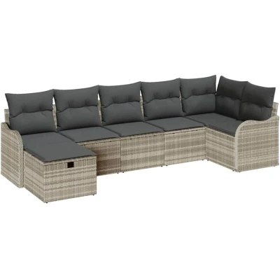 Image of vidaXL 7 Piece Garden Sofa Set with Cushions Light Grey Poly Rattan
