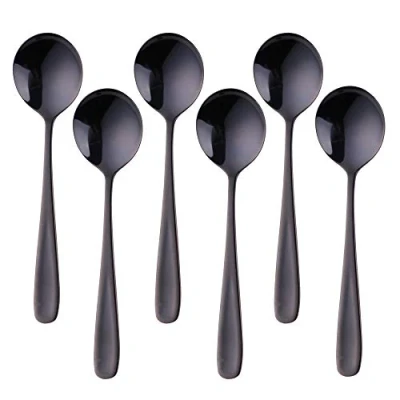 Image of 7 Inch Soup Spoons, Baikai 6 Pieces Bouillon Spoon,18/10 Stainless Steel Finished Table Dinner Spoons Set of (Black)