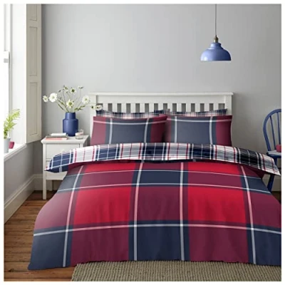 Image of GC GAVENO CAVAILIA Checkered Bedding Set, Printed Tartan Duvet Covers Single, Reversible Bedset Check Quilt Covers, Red