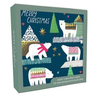 Image of Secondnature Box of 8 Polar Bears In Scarves Luxury Foiled Christmas Cards Boxed Card Packs XCPS037, 14cm x
