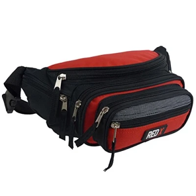 Image of Unisex Canvas Large Bum Bag by RED X Travel Fanny Pack Waist 7 Pockets (Black/Red)